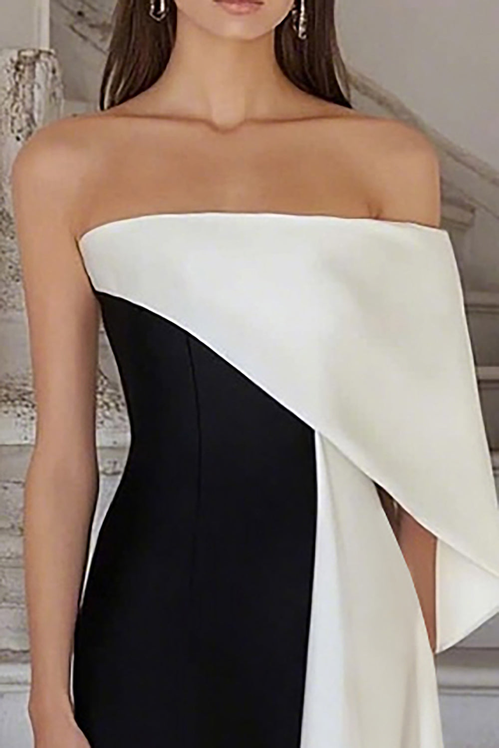 Black White Sheath One Shoulder Satin Long Formal Dress