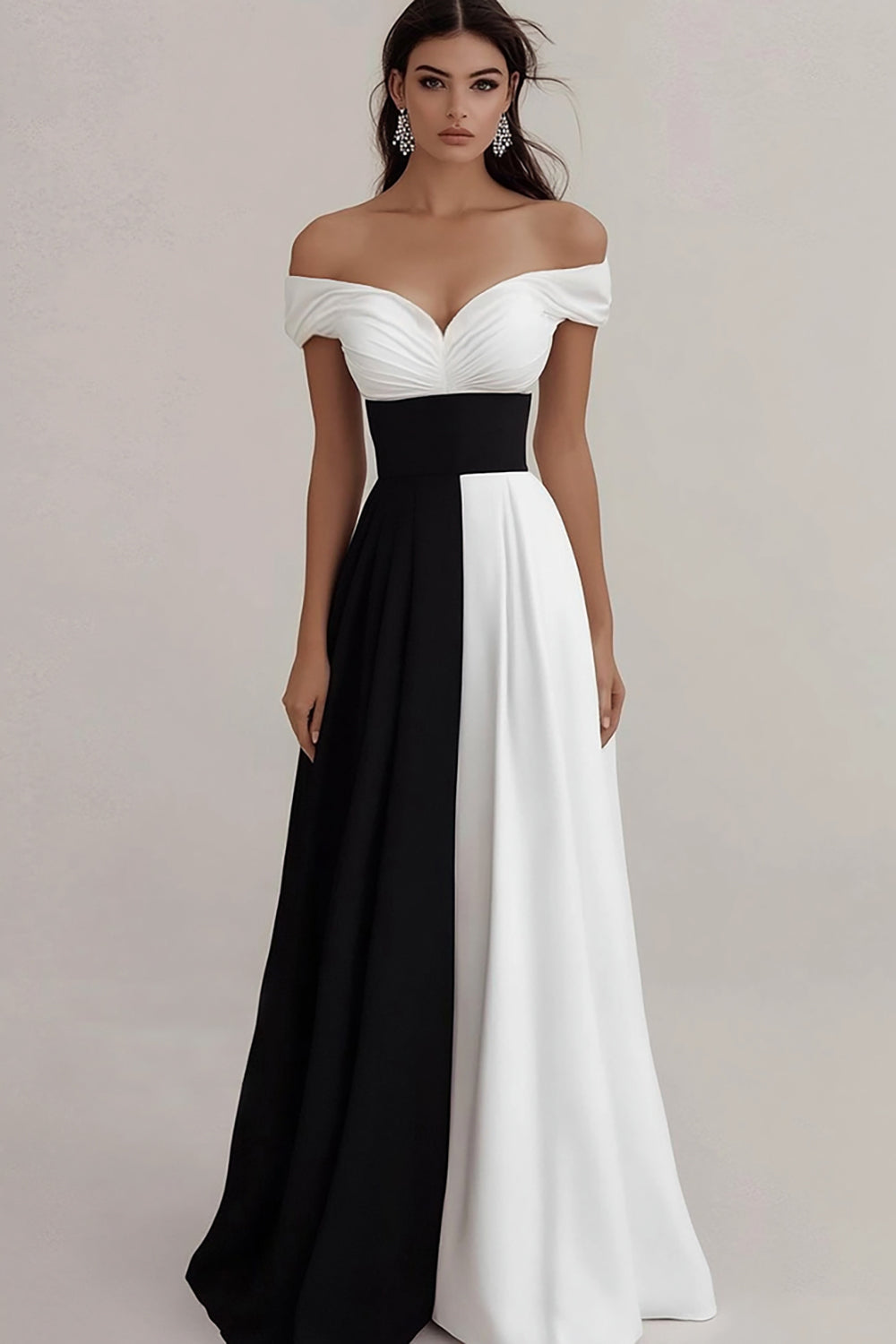 Black White Satin A Line Off The Shoulder Long Formal Dress