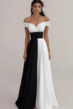 Black White Satin A Line Off The Shoulder Long Formal Dress