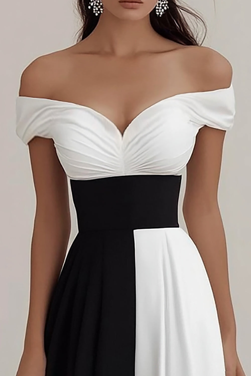 Black White Satin A Line Off The Shoulder Long Formal Dress