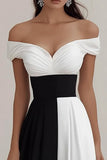 Black White Satin A Line Off The Shoulder Long Formal Dress
