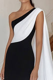 Black White Sheath Long Satin Formal Dress with Side Cape