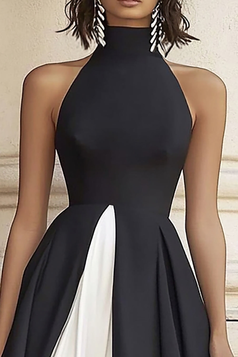 Black White A Line Satin High Neck Long Formal Dress