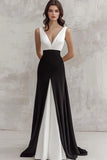 Black White A Line Satin Deep V-Neck Long Formal Dress