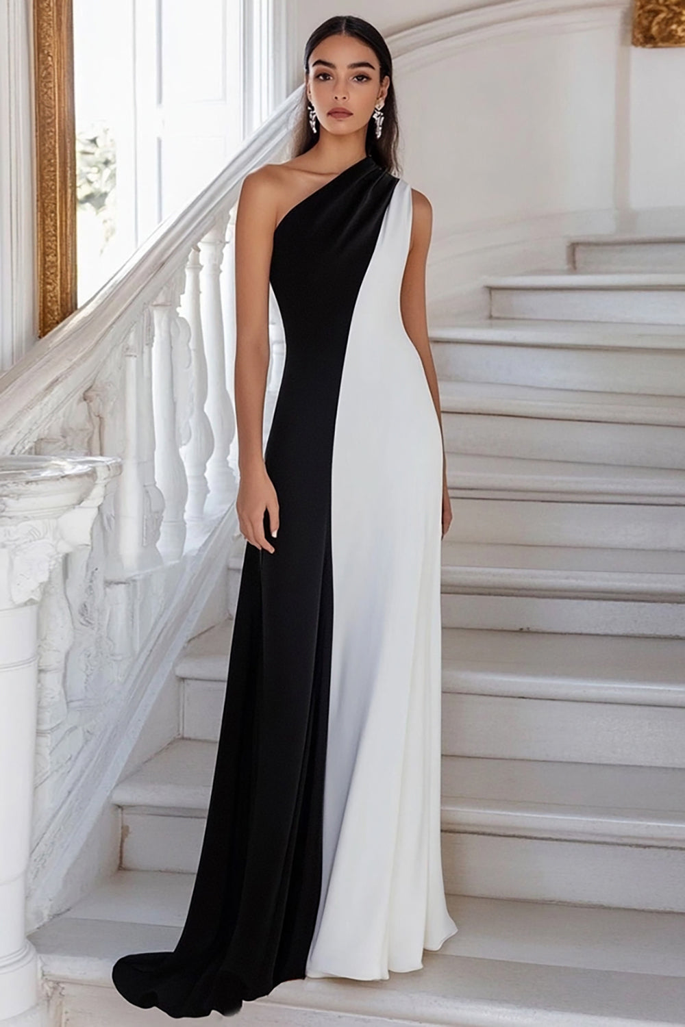 Black and White Sheath One Shoulder Long Formal Dress
