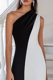 Black and White Sheath One Shoulder Long Formal Dress