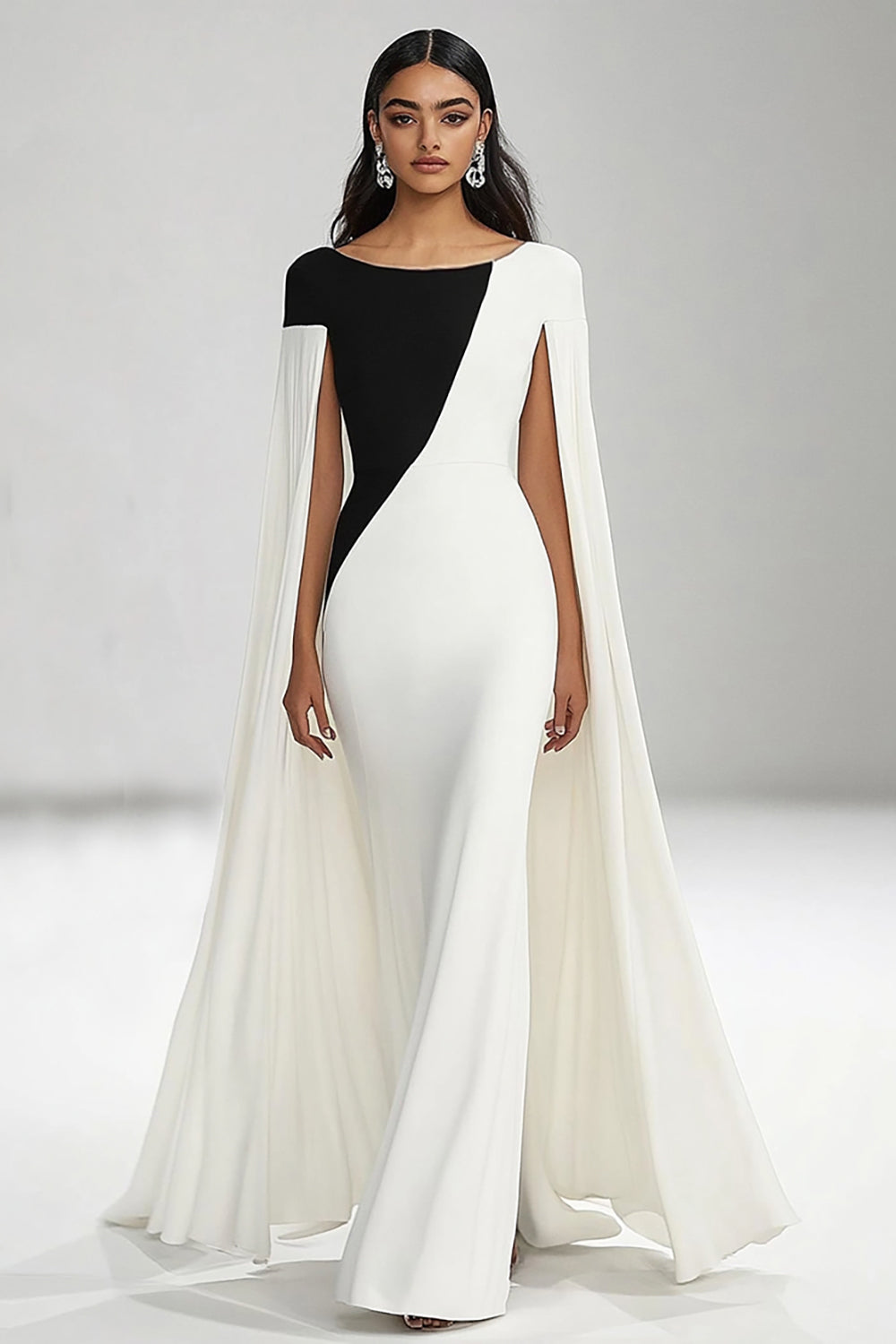 Black White Mermaid Round Neck Long Formal Dress with Cape