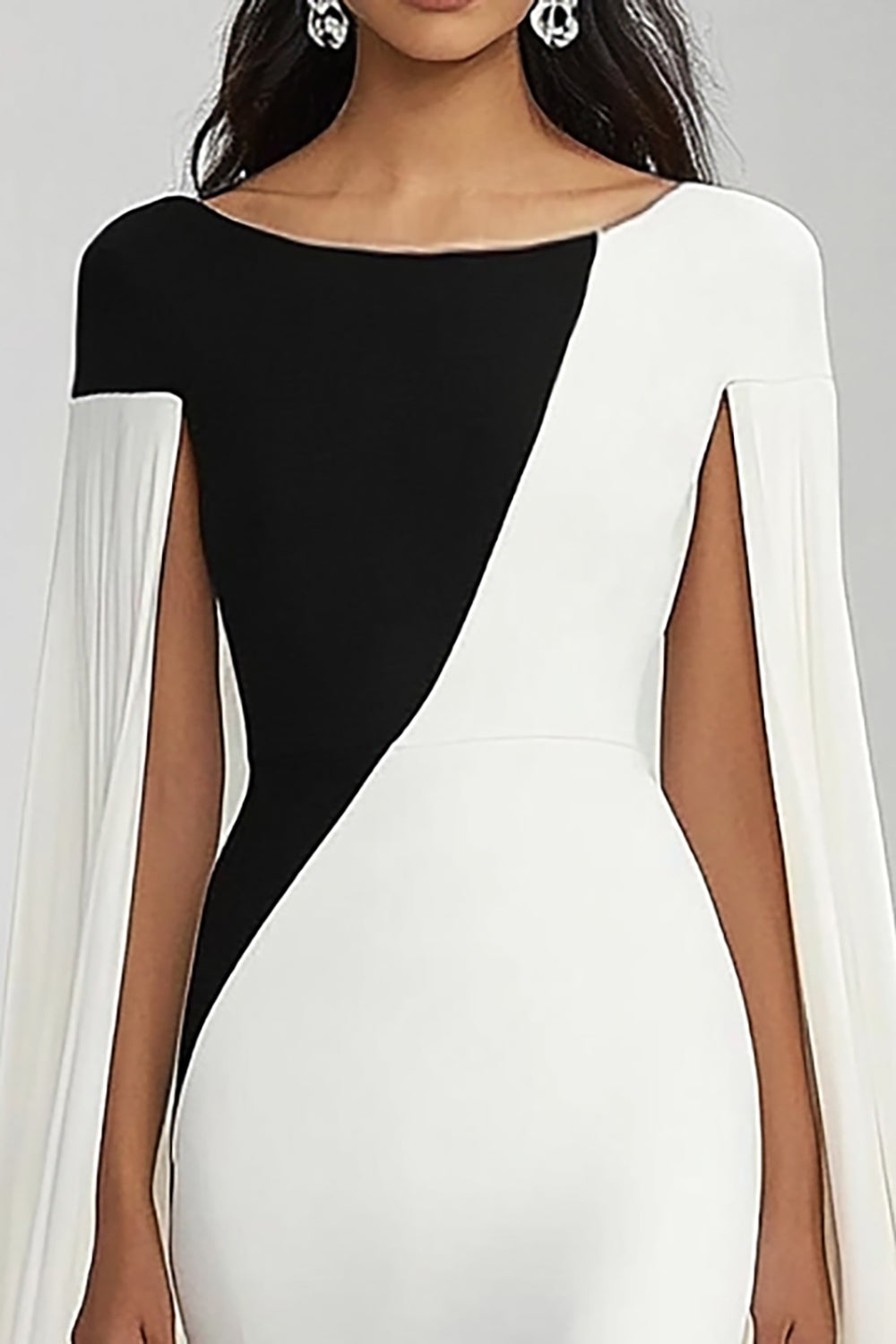 Black White Mermaid Round Neck Long Formal Dress with Cape