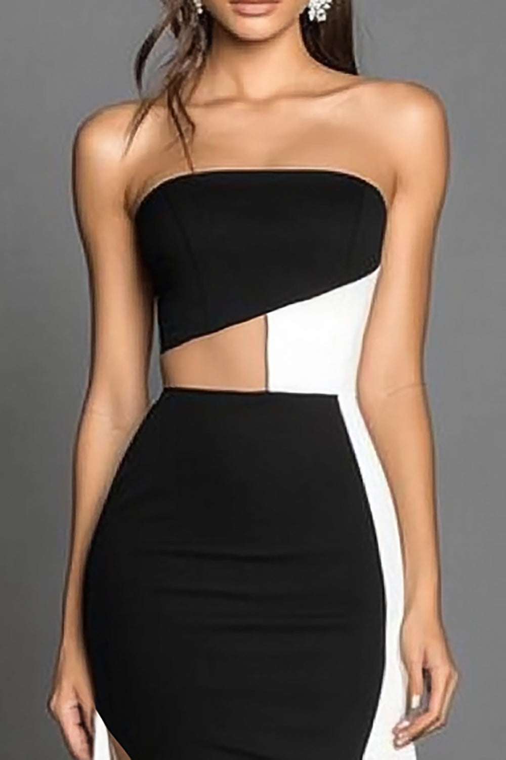 Black White Strapless Mermaid Long Formal Dress with Slit