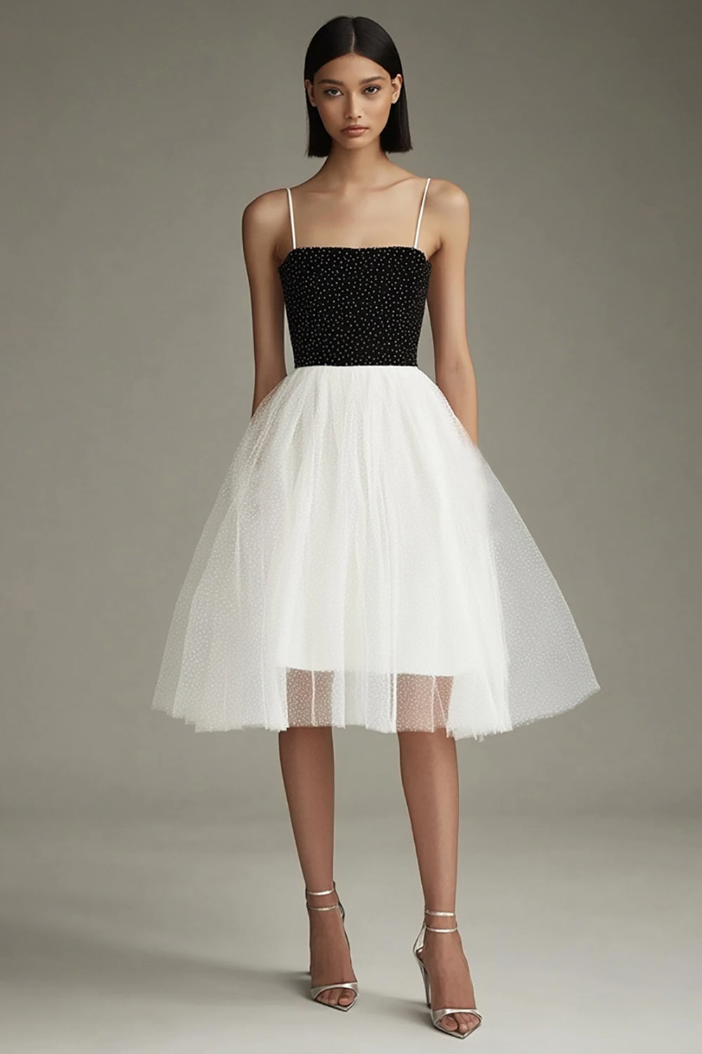 Sparkly Black and White Tulle A Line Midi Graduation Dress with Beading