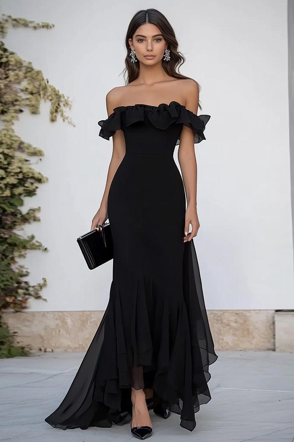 Black Chiffon Mermaid Ruffled Long Formal Dress