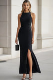 Black Sheath Long Satin Formal Dress with Slit