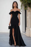 Black Ruffled Chiffon Off the Shoulder Long Formal Dress with Slit