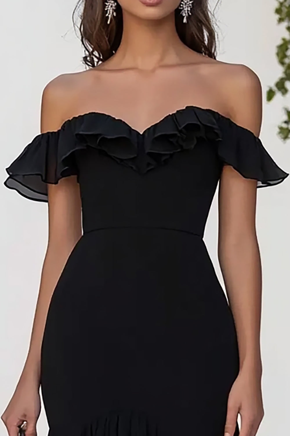 Black Ruffled Chiffon Off the Shoulder Long Formal Dress with Slit