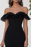 Black Ruffled Chiffon Off the Shoulder Long Formal Dress with Slit