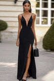 Black Sheath Deep V Neck Long Formal Dress with Slit