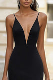 Black Sheath Deep V Neck Long Formal Dress with Slit