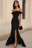 Black Off the Shoulder Ruffled Long Formal Dress with Slit
