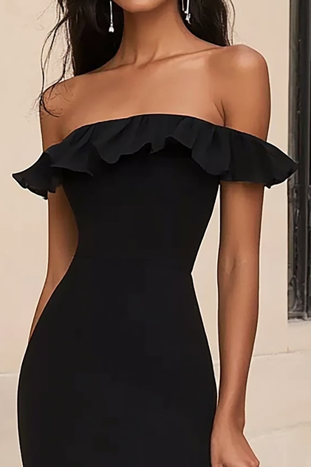 Black Off the Shoulder Ruffled Long Formal Dress with Slit