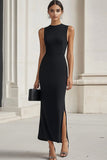 Black Round Neck Satin Long Formal Dress with Slit