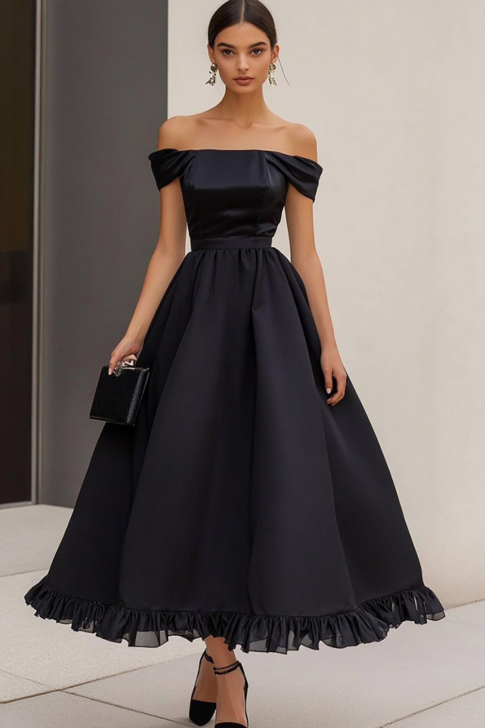 Black A Line Off the Shoulder Ruffled Long Formal Dress