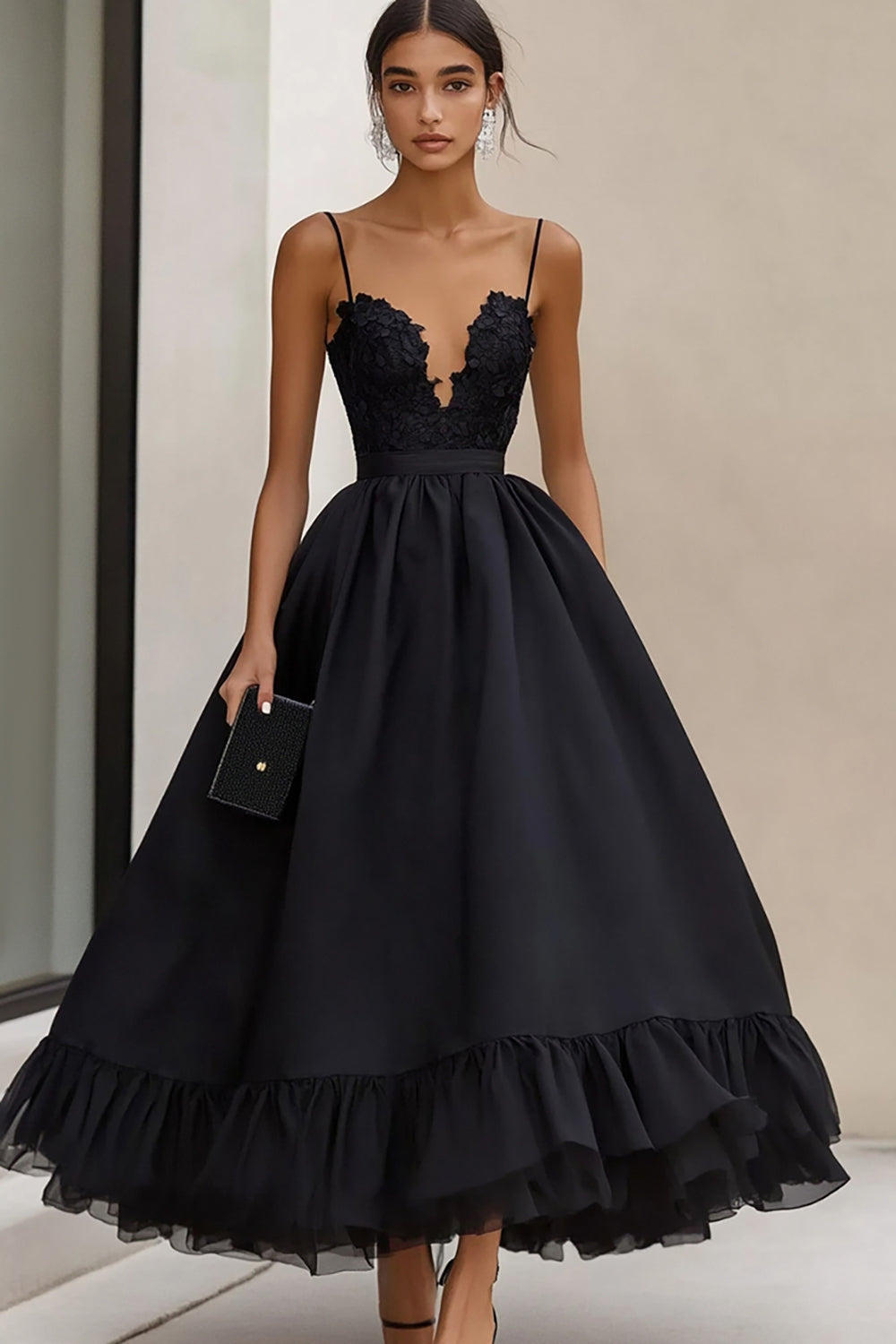 Black Spaghetti Straps Ruffled A Line Long Formal Dress