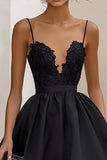 Black Spaghetti Straps Ruffled A Line Long Formal Dress