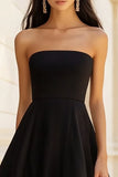 Black Strapless A Line Satin Long Formal Dress with Slit