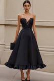 Black Strapless Ruffled Long Formal Dress with Lace