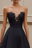 Black Strapless Ruffled Long Formal Dress with Lace