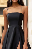 A Line Black Satin Long Formal Dress with Slit