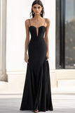 Black Spaghetti Straps Sheath Long Formal Dress with Appliques