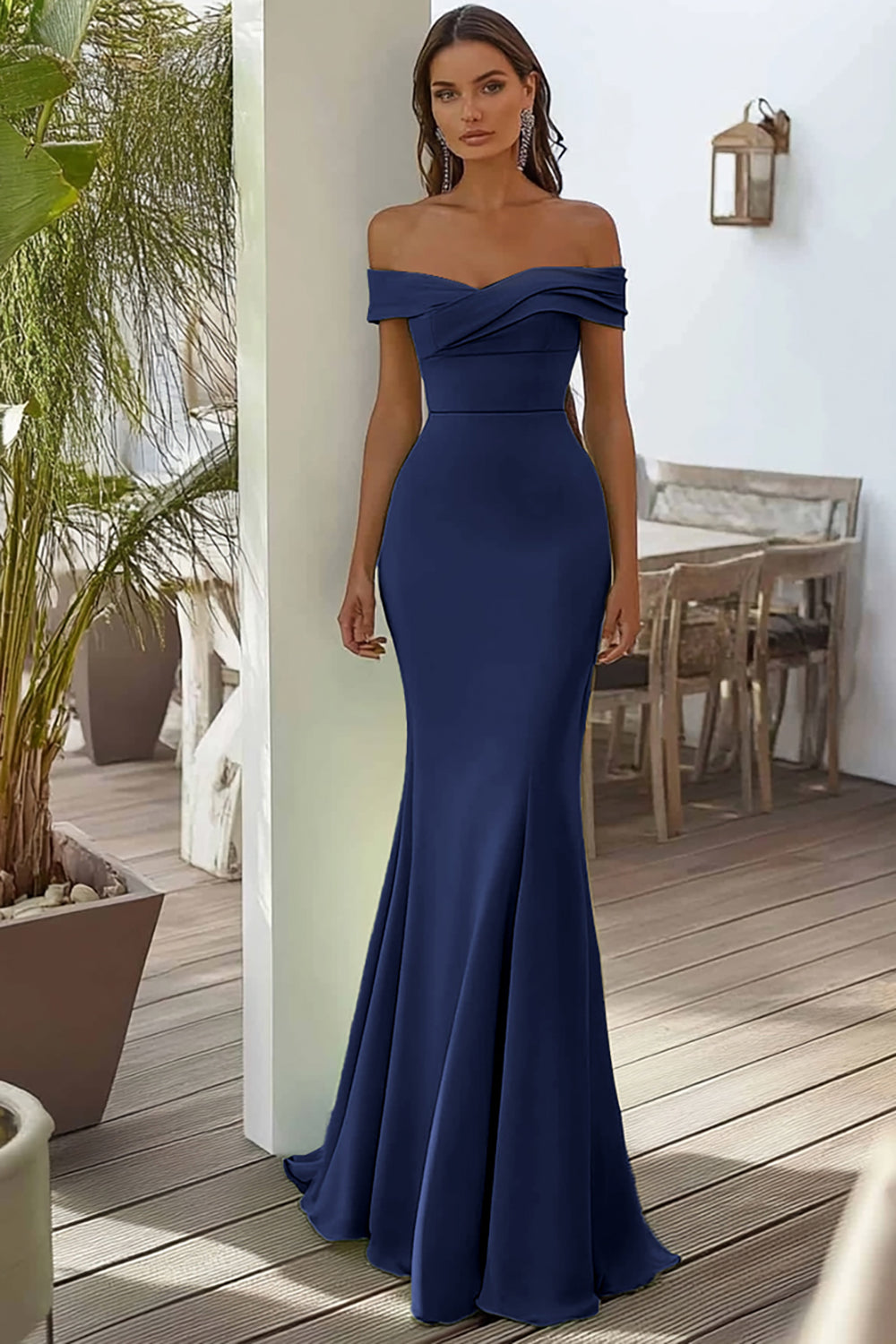 Navy Mermaid Satin Off the Shoulder Long Formal Dress