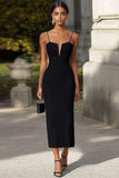 Black Satin Sheath Spaghetti Straps Long Formal Dress
