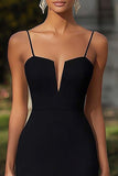 Black Satin Sheath Spaghetti Straps Long Formal Dress