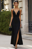 Black Satin Spaghetti Straps Long Formal Dress with Slit