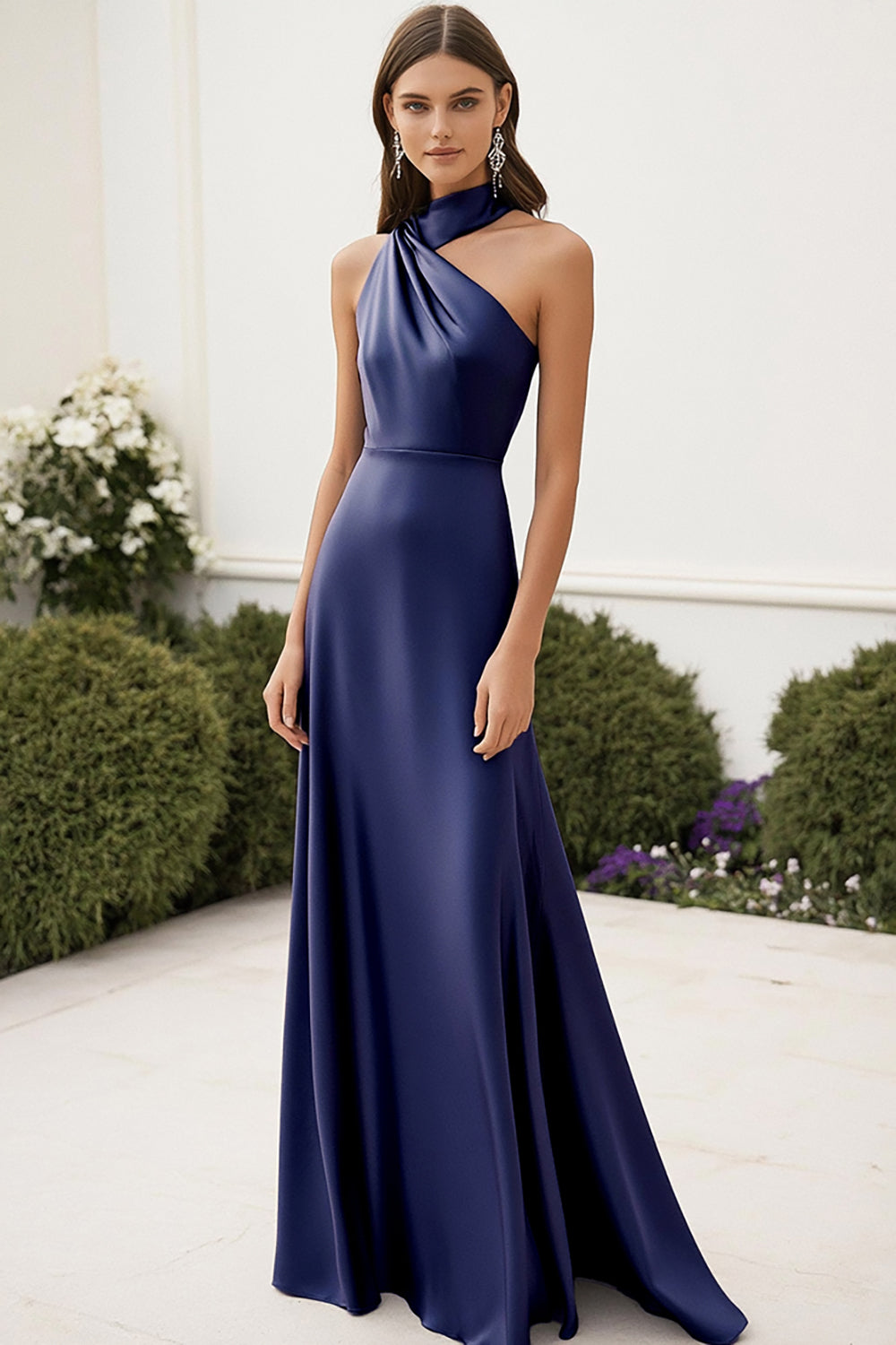 Simple Navy Satin Halter A Line Long Formal Dress