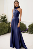 Simple Navy Satin Halter A Line Long Formal Dress