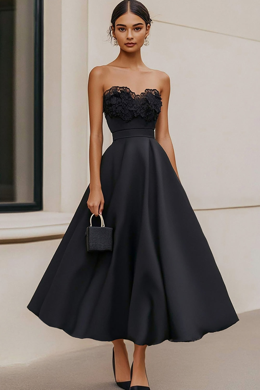 Satin Black Strapless A Line Long Formal Dress