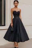 Satin Black Strapless A Line Long Formal Dress
