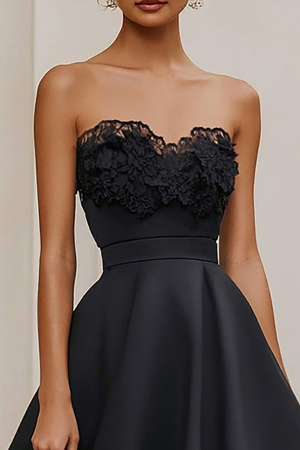 Satin Black Strapless A Line Long Formal Dress