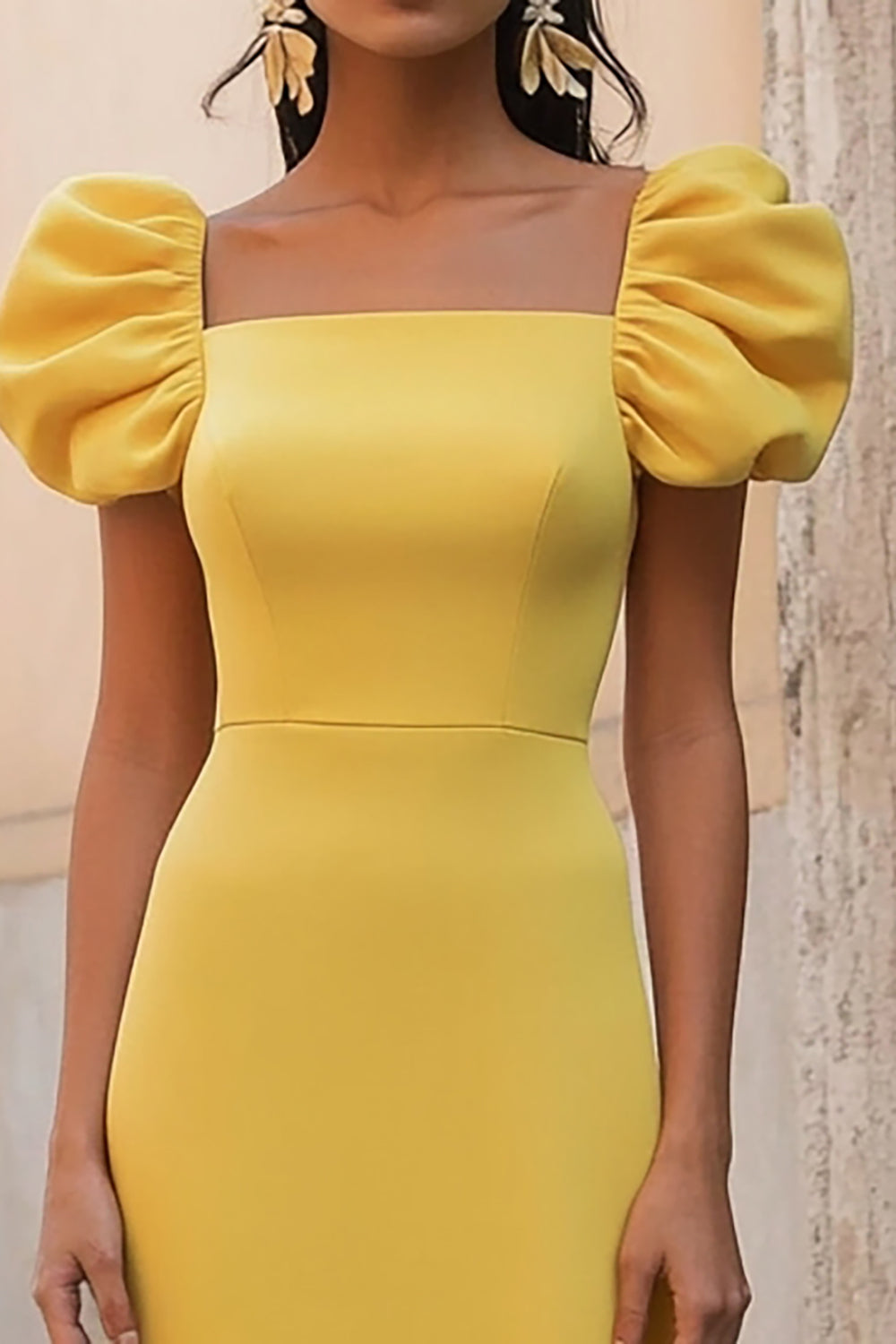 Yellow Satin Ruffled Square Neck Long Formal Dress