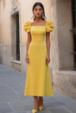 Yellow Satin Ruffled Square Neck Long Formal Dress