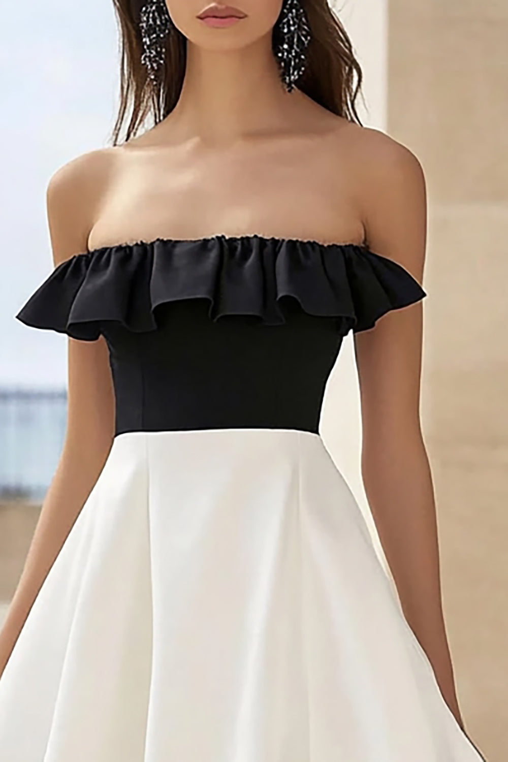 White and Black Satin A Line Strapless Ruffled Long Formal Dress