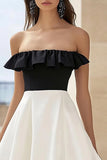 White and Black Satin A Line Strapless Ruffled Long Formal Dress