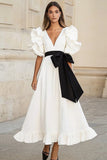 White and Black Satin Ruffled A Line Long Formal Dress with Bow