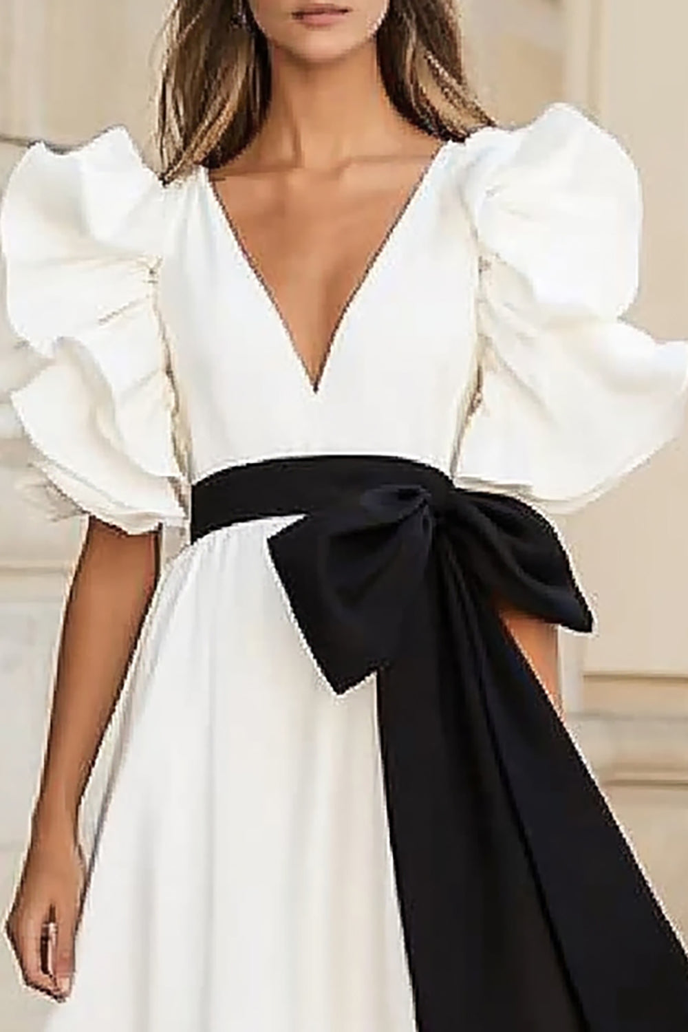 White and Black Satin Ruffled A Line Long Formal Dress with Bow
