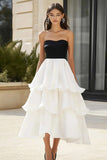Black and White Strapless Ruffled Chiffon Long Formal Dress