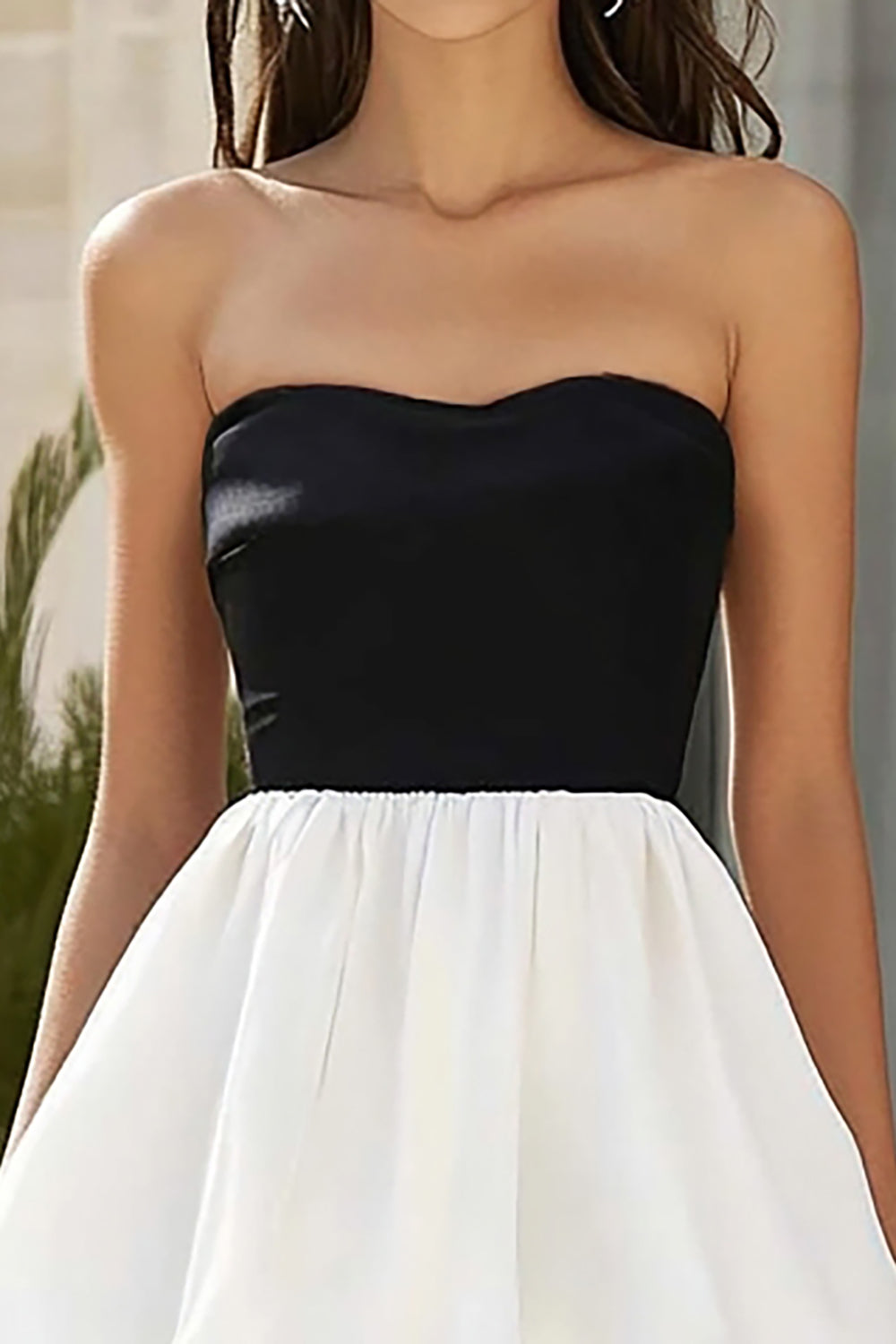 Black and White Strapless Ruffled Chiffon Long Formal Dress