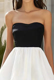 Black and White Strapless Ruffled Chiffon Long Formal Dress
